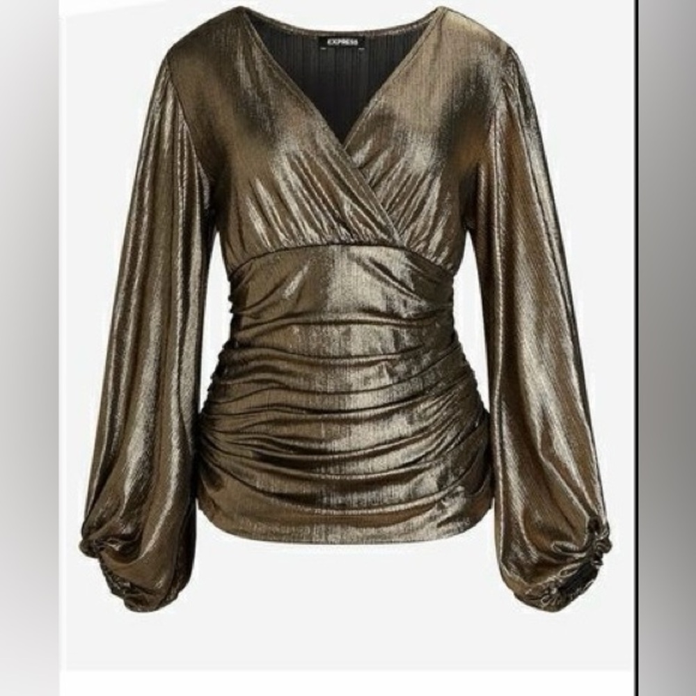 NWT EXPRESS Ribbed Gold Metallic Ruched Top